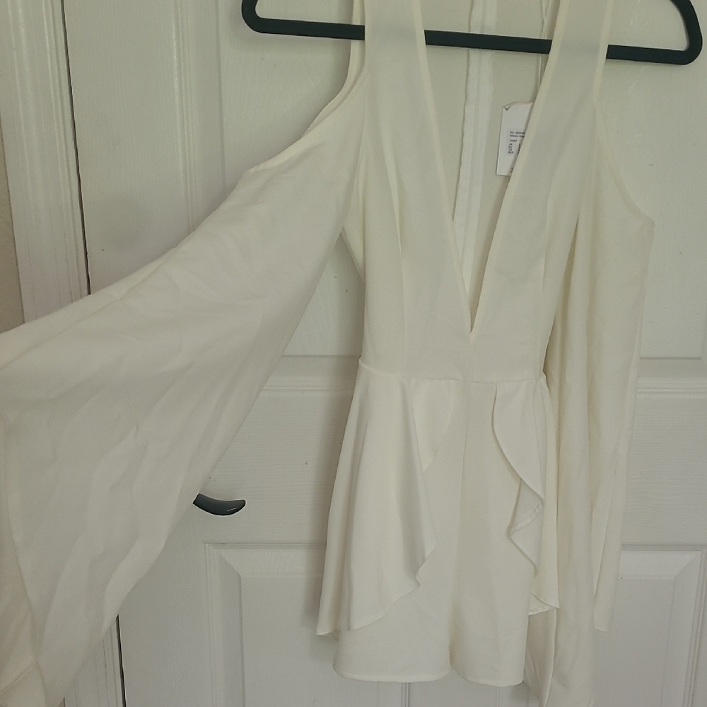 Elegant White Plunge Dress with Flared Sleeves